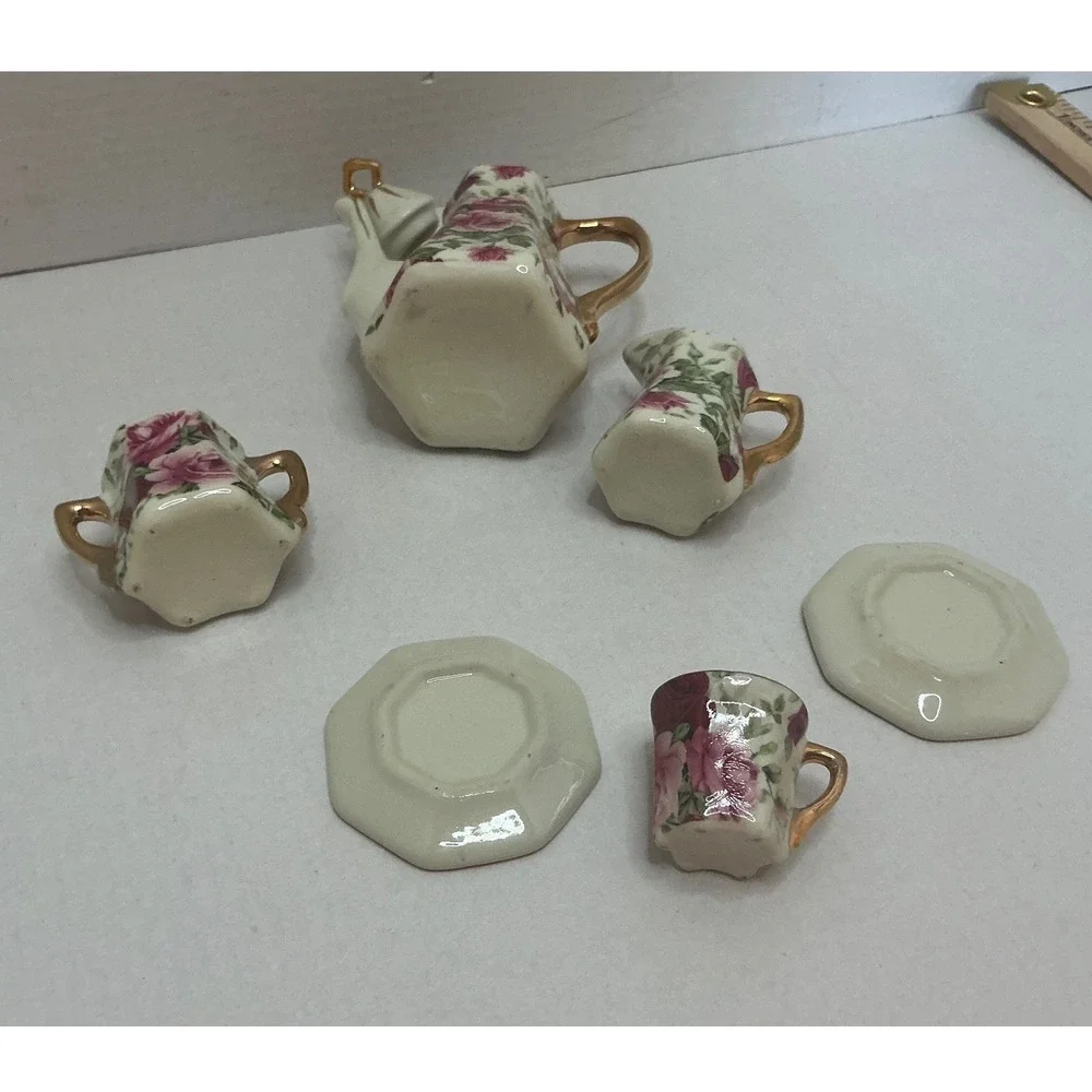 Vintage Miniature Tea Set Porcelain Rose Floral Gold Trim 6pc Set